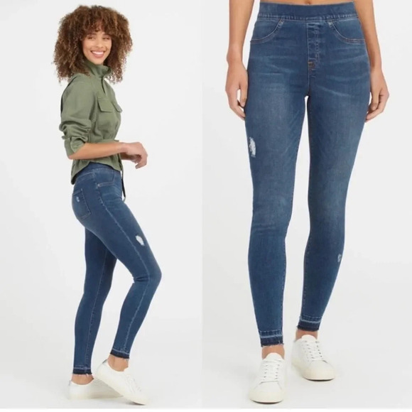 Spanx Distressed High Rise Ankle Skinny Pull On Jeans - Picture 1 of 10